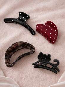 4件套：黑色波点发夹、红色波点爱心发夹、豹纹镂空月亮发夹、黑色猫爪发夹，时尚百搭，简约优雅纯色发夹，适合日常、休闲、派对、海滩、度假、发型设计、洗头/洗脸、化妆、服装配饰，秋冬春夏度假必备发饰 - 彩色 - 查看 1