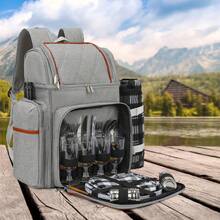 [Envíos locales] Mochila de picnic para 4 personas con forro aislante, accesorios completos incluidos, color azul y negro, portátil para actividades al aire libre - Gris - Ver 5