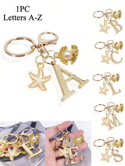 High-End And Elegant Gold Letter Keychain, Bag Pendant - Lucky Crystal Pendant, Made Of Natural Shell And Starfish Accessories, Initial A-Z Three-Dimensional Pendant, Fashionable Alloy Key Chain Ring, Bag Backpack Charm Car Keychain, Perfect Accessories For Women's Daily Use, Couple Gifts, Decoration, Bag Accessories, Suitable For Giving To Friends, Family, Couples, Girlfriends, Birthday Gifts, Souvenirs, Christmas Gifts.