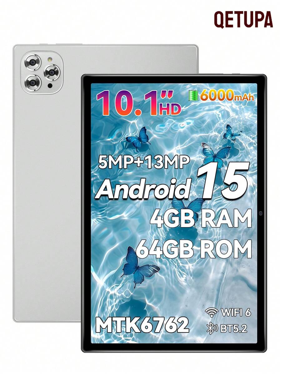 Qetupa (不支援SIM卡)10.1英吋Android 13平板電腦,4GB RAM+64GB ROM,MTK 6737 四核 1.3GHZ 處理器,HD(1280x800) IPS 觸控螢幕,5MP 前置鏡頭&13MP 後置鏡頭,6000mAh 電池(不含適配器) - 銀色 - 查看 1