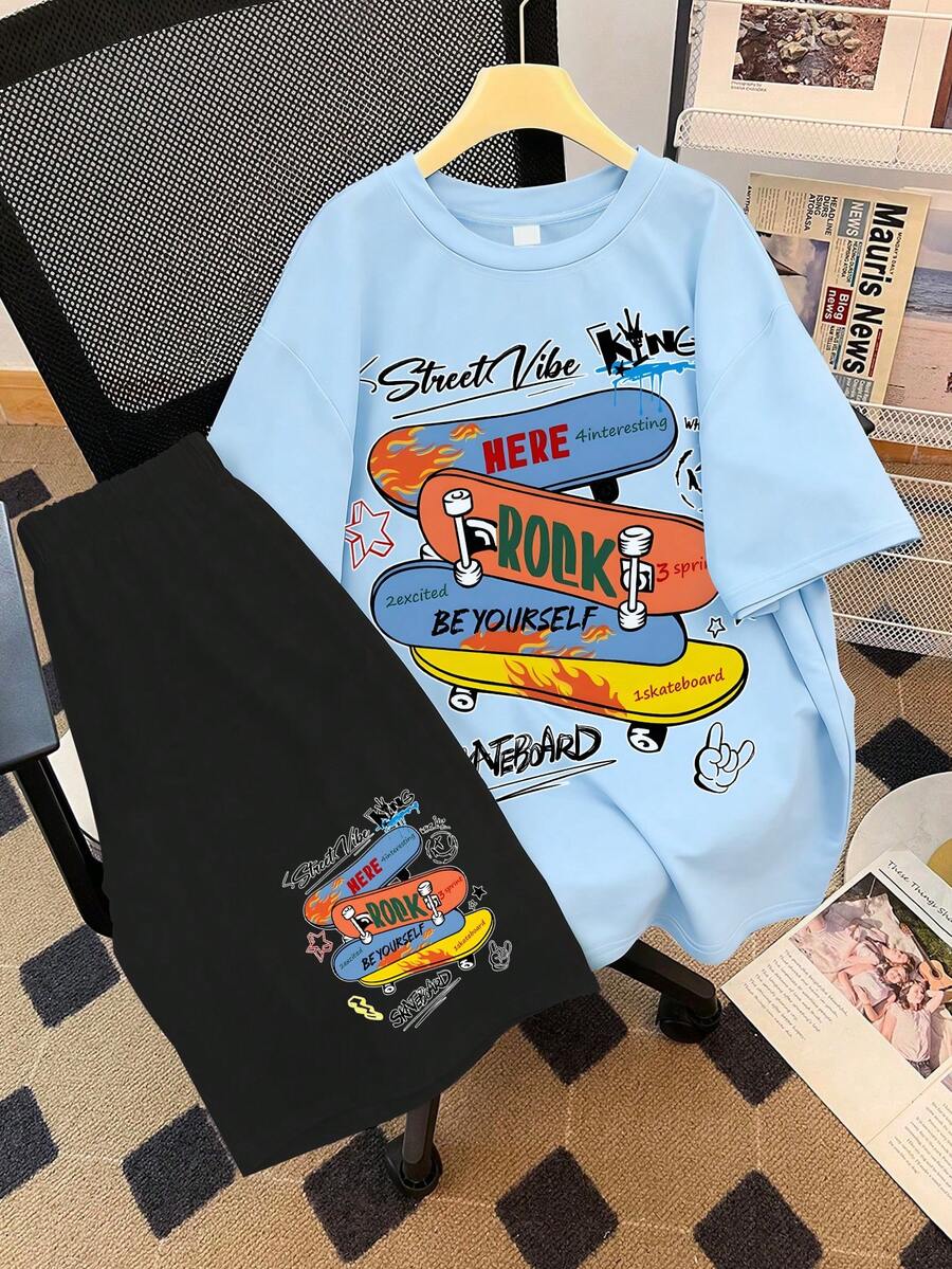 2pcs/Set Boys' Street Skateboard Print Short Sleeve Outfit, Comfortable & Breathable, Casual Daily Wear For Summer - Baby Blue - View 1