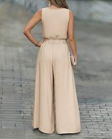 ChicMe 2件套女士V领蝴蝶结无袖背心+阔腿裤套装，休闲优雅，适合日常、商务、派对等场合。 - 杏色 - 查看 2