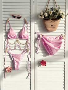 1pc Elegant Metal Chain Bikini Top With Skirt, 3 Pieces Set For Beach, Evening Date, Vacation, Spring/Summer - Pink - View 2
