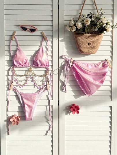 1pc Elegant Metal Chain Bikini Top With Skirt, 3 Pieces Set For Beach, Evening Date, Vacation, Spring/Summer