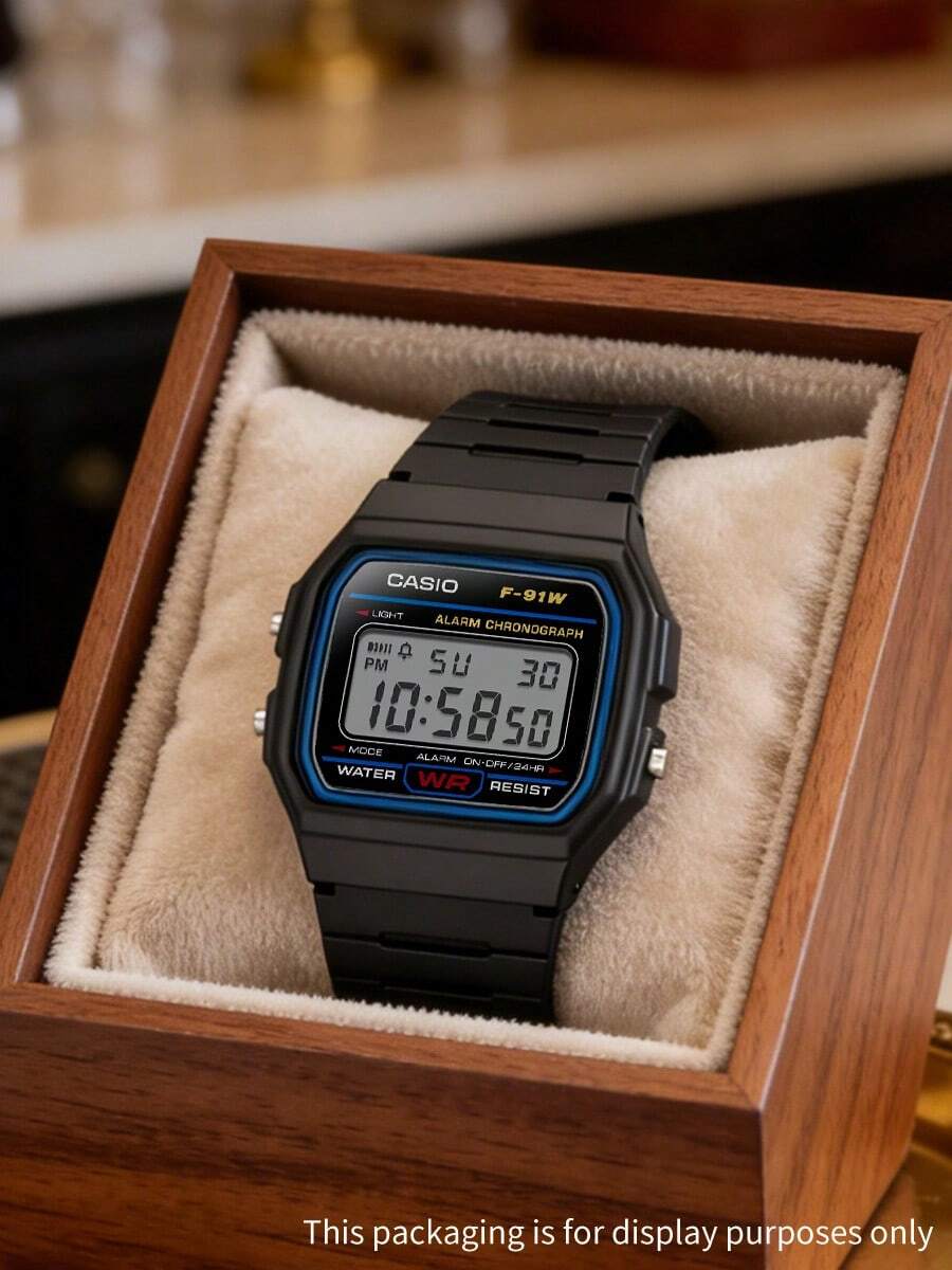 Casio 卡西欧 YOUTH 系列 - 硅胶方形复古百搭简约轻便学生款黑色经典石英机芯树脂表带男女通用手表，黑色表盘 - 黑色 - 查看 1