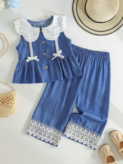 4-7 Years Old Girls' (Denim Like) Coordinated Set, Contrast Color Doll Collar Design With Exquisite 3D Bow Accent And Ruffle Hem Blouse + Loose Straight Leg Cropped Pants With Floral Hem, Fashion Outfit For Summer Vacation, Casual Outdoor, Beach, Daily Wear