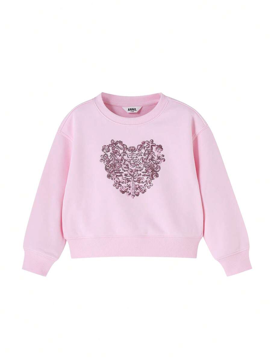Annil [New Year's Greeting Outfit] Girls' Round Neck Pullover Heart-Shaped Sweatshirt, New Spring Style, Sweet Embroidered, Warm - Yanman Pink - View 1