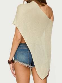 Women's Sheer Ponchos Off Shoulder Short Sleeve Solid Color T-Shirts Asymmetrical Knit Tops - 淡黃色 - 查看 2