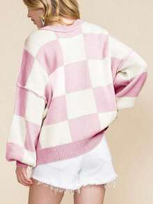 Brown Plaid Bishop Sleeve Elegant Sweater, Long Sleeve Top - 粉色 - 查看 7