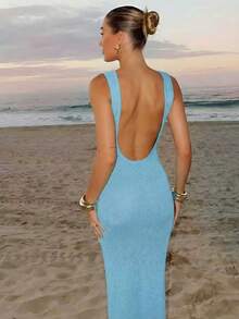 Vacation Women's Backless Sexy Elegant Sleeveless Knitted Sweater Dress Spring - Baby Blue - View 6