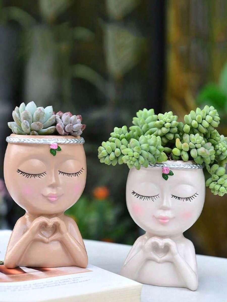 可爱脸型花盆,树脂花盆装饰,户外植物树脂花盆,阳台和庭院绿色植物盆栽,花园装饰,户外装饰,房间装饰 - 彩色 - 查看 1
