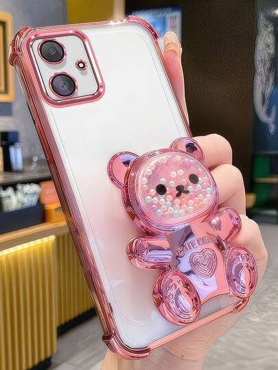 1 pieza Soporte de teléfono con forma de oso huevo con acabado electrolítico y color, con película protectora para lente y sistema de amortiguación de golpes, compatible con iPhone 7/8/X/XR/XS Max/11/12/13/14/15/16/17 Pro Max, A14/A15/A16/A17/A04/A05/A06/A07/A54/A55/A56/A57/A34/A35A/36/A37/S26/S26 Plus/S26 Ultra, Transsion SMART7/8/10, Honor 400/400 Pro/400 Lite Funda de teléfono suave de cobertura completa