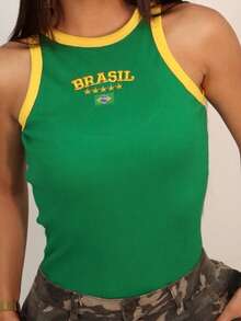 Women's Tank Top Blouse With Brazil Embroidery, Ribbed Knit. One Size. 2026 World Cup Fashion, Brazil Core, Rio. - Green - View 2