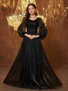 SUPGIR 女士 V 领亮片拼接喇叭袖修身雪纺优雅晚礼服 - 黑色 - 查看 3