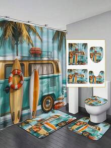 [Retro Beach Style] Bus Themed 4-Piece Bathroom Set - Shower Curtain + Bath Mat + Toilet Cover + Front Mat, Unified Pattern. Bring The Summer Road Trip And Surfing Culture Into The Bathroom, Instantly Creating A Relaxed, Personalized, And Story-Filled Bathroom Space. - A - View 2