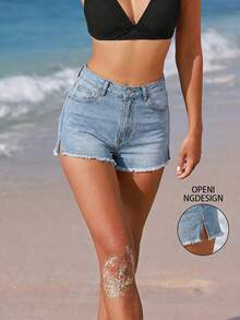 女式弹力个性时尚磨边牛仔短裤 - 淺色水洗藍 - 查看 2