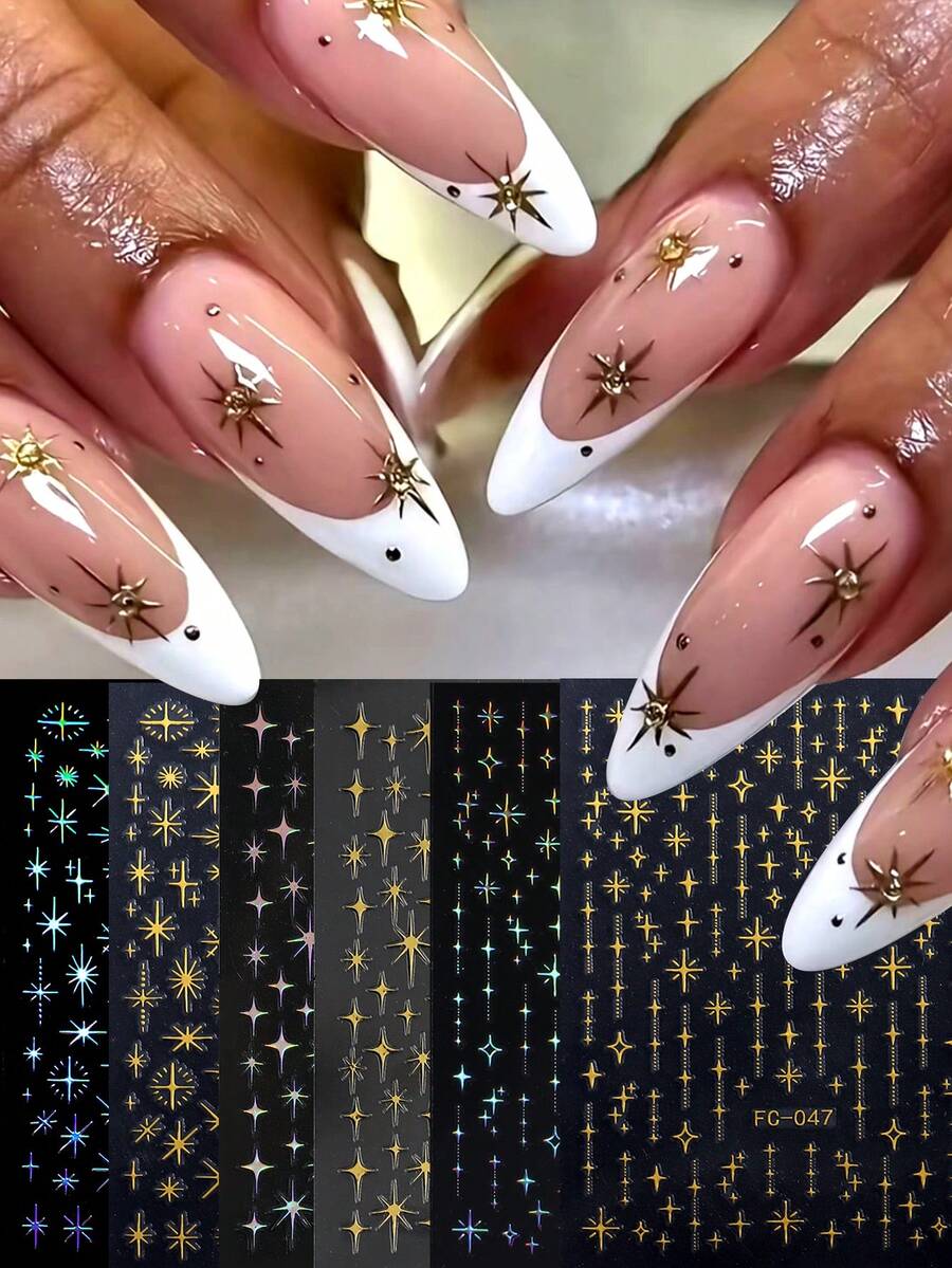 Autocollants pour ongles dorés brillants et étoiles laser - Autocollants en papier pailleté auto-adhésifs avec effet pailleté scintillant, forme de gland, design de dessin animé à usage unique pour manucure et pédicure, décoration d'ongles - Multicolore - Voir 1