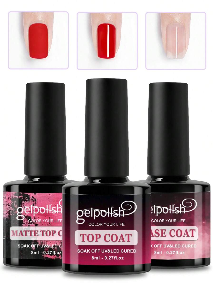 GELPOLISH 3件套春夏凝胶指甲油套装 - 底油、亮面封层、哑光封层。持久光泽，无需擦拭，LED灯可卸，DIY设计，情人节礼物