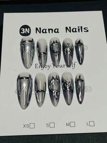 1package/10pcs-Y2K Dark Gothic Press On Nails | Smoky Gray Metallic Vibe + Butterfly/Lock/Moon Details - Stiletto Shape - Silver - View 7