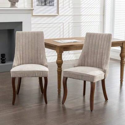 Rayon Cloth Flocking Linen Dining Chairs Channel Kitchen Dinner Chair Comfy Fabric Upholstered Accent Chair For Dining Room With Curved Solid Wood Legs,Set Of 2 (Beige), DE1847BG