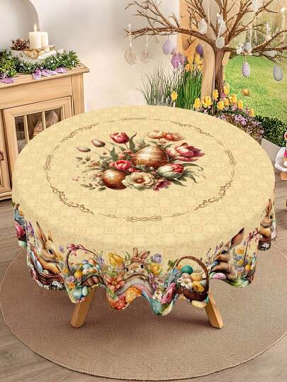 1pc Easter Tablecloth, Vintage Easter Bunny Eggs Flower Basket Pattern, Polyester Easter Round & Rectangle Table Cover, 2 Sizes Available, Holiday Party Tablecovers, Kitchen Dining Room Table Decor, Easter Decorations For Home