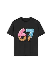 Camiseta con estampado de "67" y helado de dibujos animados para niña preadolescente, de tela suave y cómoda, top de moda para verano, adecuado para uso diario, ropa urbana y uso escolar - Negro - Ver 5