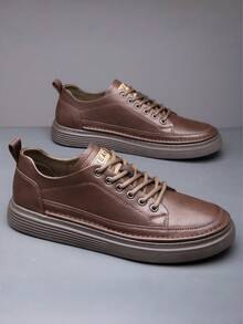 Men's Leather Lace-Up Low Top Casual Sneakers, Non-Slip Wear-Resistant Thick Sole Comfortable Fashion Walking Shoes For Daily Commute Outdoor Activities Business Casual Daily Wear - 棕色 - 查看 4