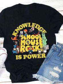 Plus Size, Women's Plus Size "Knowledge Is Power" Rock Style T-Shirt - Soft Comfortable Short Sleeve Top With Bold Anime & Book/Printout Suitable For - Casual Wear, Parties, College - Loose Fit 1XL-5XL (Machine Washable)Minimalist Style  Sweatshirt Graphic Tees, Vintage Clothes, Streetwear, Going Out Tops, Summer Tops, Spring Outfits, Funny Shirts, Matching Couple Outfits, Matching Outfits Vacation, Figure Print Casual, Street Fashion, Versatile - 黑色 - 查看 5