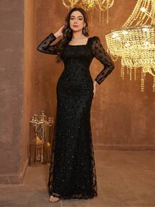 UNITHORSE [Random Cut] Women's Elegant Square Neck Puff Sleeve Waist Cinched Loose Hem Cocktail Party Dress - Black - View 6