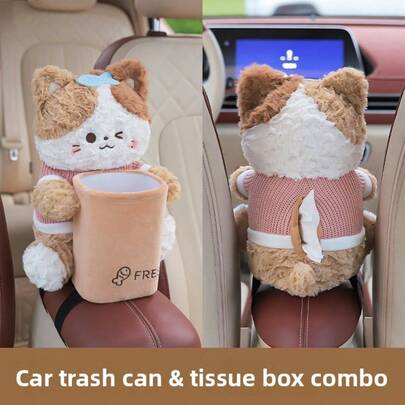Soporte de pañuelos y papelera de coche combinados con diseño de oso y gato, suministros de coche prácticos, estante de almacenamiento de coche creativo para mantener artículos adicionales en el vehículo, papelera de coche compacta para todos los vehículos, accesorios de coche de fácil instalación para organizador de vehículos