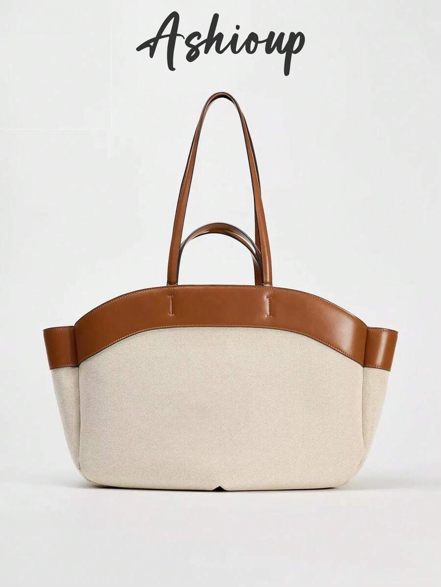 新款女士大容量帆布手提袋，时尚购物袋 - 杏色 - 查看 1