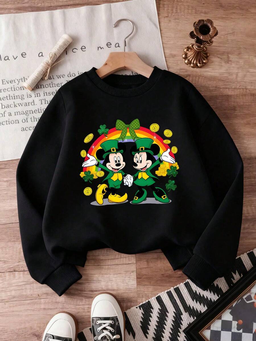 1pc Disney Saint Patrick's Day Mickey & Minnie Mouse Festive Leprechaun Dance Print Tween Girls Cute Casual Sweatshirt - Soft & Versatile, Perfect For Holiday Celebrations & Daily Wear - màu đen - Xem 1
