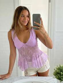 Womens Lace Tank Tops  Sleeveless V Neck Solid Color Ruffle Tops Slim Fit Shirts - Purple - View 7