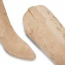 Womens Cowboy Boots Knee High Cowgirl Boots With Pointed Toe Chunky Heel Retro Vintage Floral Embroidered Pull On Tall Western Boot - 磨砂杏色 - 查看 6