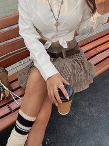 EARO Chic Women's Summer Houndstooth Pleated Skirt, High Waist A-Line Academic Style Anti-Flashing Skirt, Commuting, Dating, Casual Outfit - Khaki - View 7