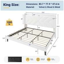 Allewie Full/Queen/King Size Platform Bed Frame With Charging Station And Storage Shelf/Upholstered Velvet Wingback Headboard/Wooden Slats Support/No Box Spring Needed/Easy Assembly, White - 查看 10