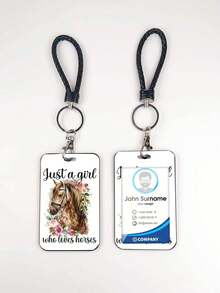 1pc ABS Black Rope Flower & Horse Head Pattern Fashion Personalized Cartoon Pull-Type Card Clip Keychain Bag Pendant, Student Wristband Card Clip, Women Student Card Clip, ID Bus Protection Case, Student Campus Card Protection Case - Rectangle - View 4