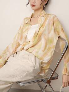 YUXIN Women's Watercolor Print Silk Blouse - Loose Collar Long Sleeve, Breathable And Flowy, Versatile Work And Date Casual Top, Creating An Elegant And Relaxed Look, Spring/Summer - Yellow - View 4