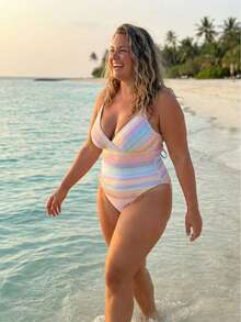 Cross Backless Deep V Push Up Adjustable Thin Straps One-Piece Swimsuit, Ruched Tummy Control Slimming, Rainbow Gradient Stripe Plus Size Swimwear - 彩色 - 查看 4