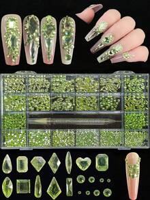 KIRAME 21-Slot DIY Manicure K9 Glass Grass Green Flat Rhinestone Set - 30PCS High Gloss Rhinestones Of Each Type With 1 Rhinestone Drill Pen, Manicure Gems, Manicure Salon, Home Manicure, Manicure Supplies, Christmas, New Year, Valentine's Day Manicure, Holiday Gift, Suitable For Handicrafts, Clothing, Fabrics, Shoes, Glass Products, Jewelry Making - Multi-Size Sparkling Decorations Nail Rhinestones Nails - 草綠色 - 查看 2
