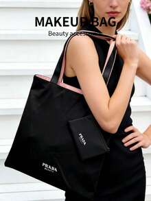 Prada Large Capacity Shoulder Makeup Bag, Pink Nylon Travel Toiletry Bag, Vacation Essentials Cosmetic Organizer With Pouch - Watermelon Pink - View 9