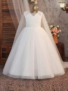 Tween Girls Long Beaded Tulle Flower Girl Dress, Suitable For Birthday Party, Faux Pearl Randomly Studded, No Headband Included - White - View 4