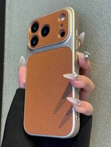 Fashion Litchi Leather Texture Large Window Phone Case Compatible With IPhone 17 Pro Max, 17 Pro, 16 Pro Max, 15, 14 Pro, 13, 12 Pro, 17, Camera Protection Matte Soft Edge Anti-Drop Protective Cover With Detachable Brown Wrist Strap And Lanyard - Khaki - View 4