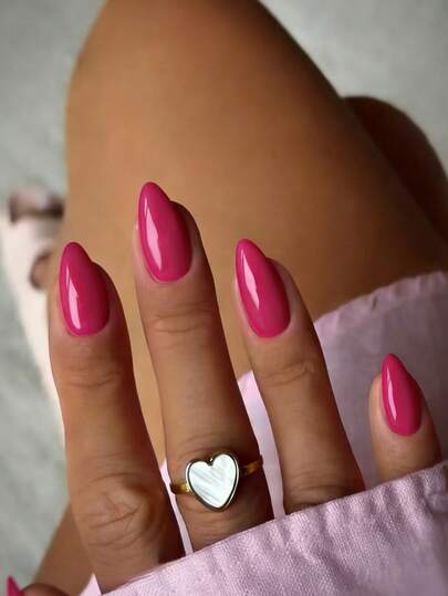 Hot Pink Embossed Almond-Shaped Medium Length Reusable Acrylic Nail Tips - Neutral Acrylic Suitable For Women & Girls - Adhesive Glue Stick-On Medium Length Stiletto Soft Gel Artificial Nails