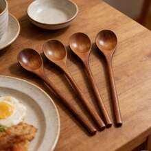 2pcs/4pcs Brown Wooden Long Handle Soup Spoons, Household Tableware Soup Spoon Rice Spoon Stirring Spoon, Suitable For Honey, Milk Tea Mixing In Kitchen - Multicolor - View 3