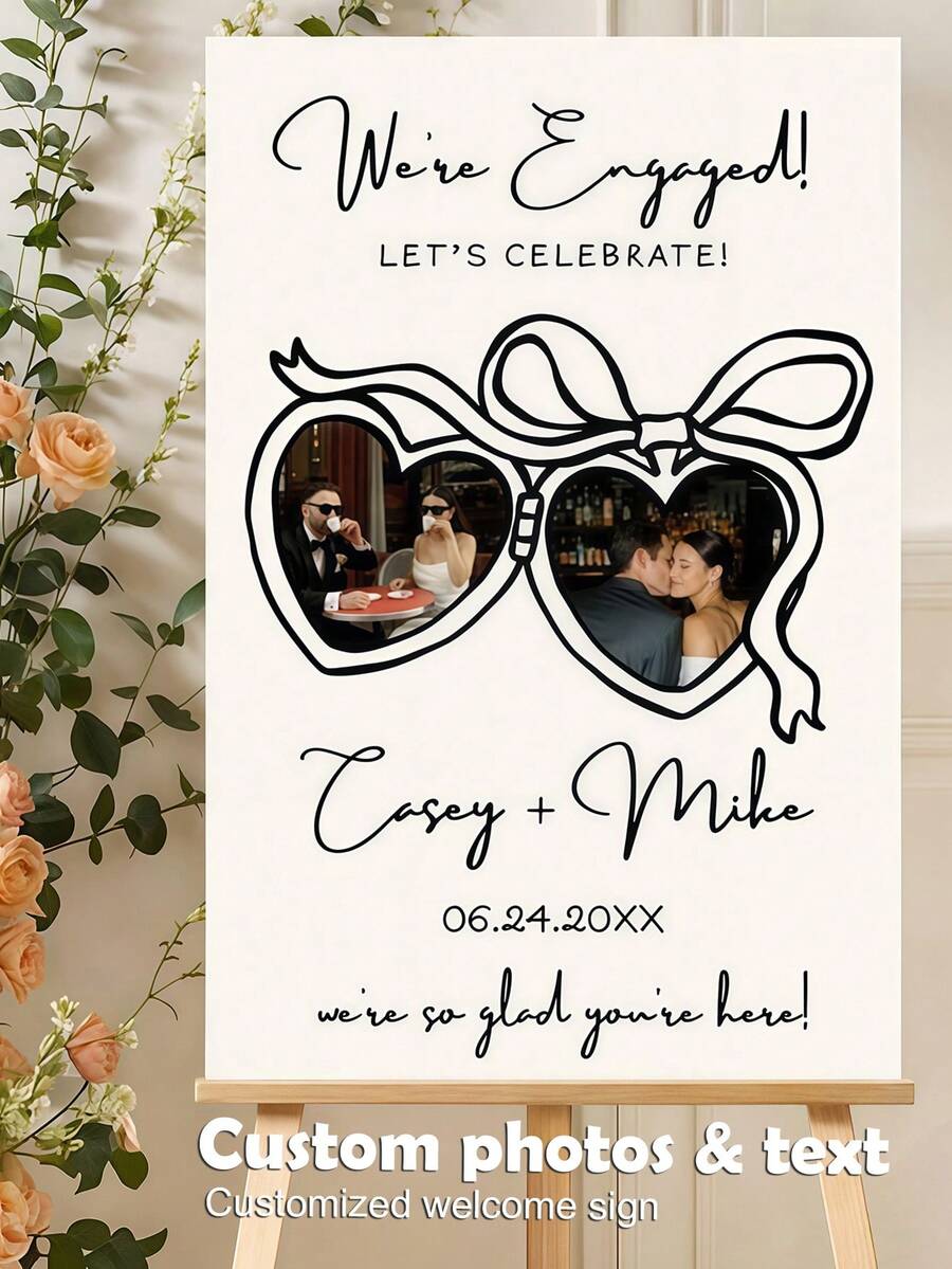 Customized Engagement Party Welcome Sign | Handpainted Heart-Shaped Pendant Welcome Sign, Can Customize Your Photo. Suitable For Pre-Wedding Parties, Weddings, Birthdays, Anniversaries And Other Occasions. Printed Poster. - Multicolor 04 - View 1