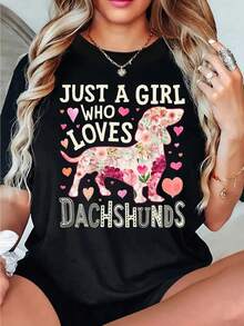 Women'S Dachshund Love Graphic T-Shirt - Casual Crew Neck Tee with Heart Pattern, Cotton Fabric, Medium Stretch, Summer  Top - Negro - Ver 1