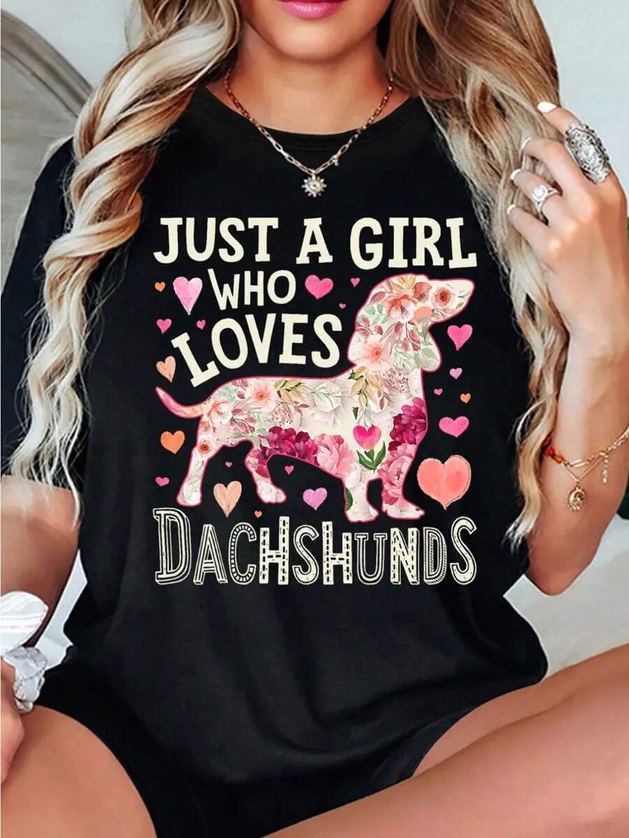 Women'S Dachshund Love Graphic T-Shirt - Casual Crew Neck Tee with Heart Pattern, Cotton Fabric, Medium Stretch, Summer Top - Negro - Ver 1