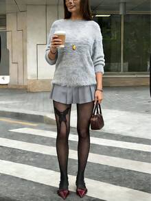 1 件装女士黑色蝴蝶鱼网紧身裤，高弹力透明网眼镂空连裤袜，适合夜店、街头和外出穿着 - 黑色 - 查看 9