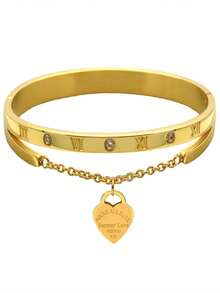 1 pieza Brazalete vintage de lujo minimalista con diseño de amor romano, brazalete de acero de titanio dorado de moda - 7 de oro - Ver 2